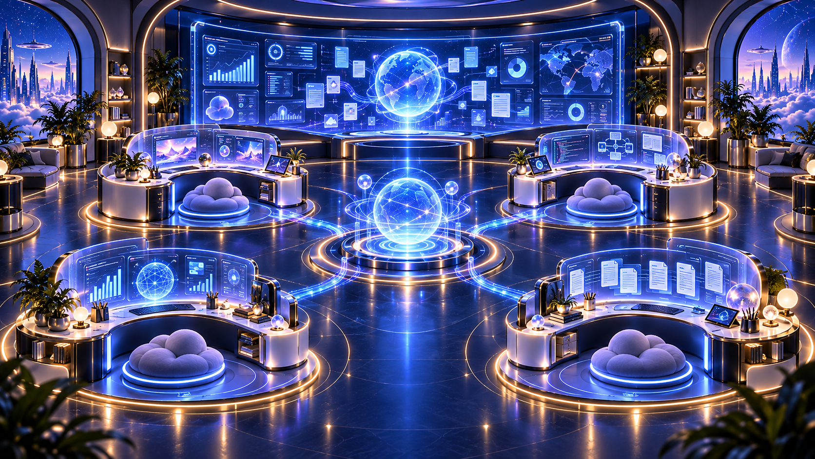 Futuristic operations office with four workstations around a central holographic hub